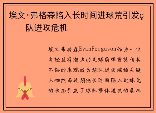 埃文·弗格森陷入长时间进球荒引发球队进攻危机